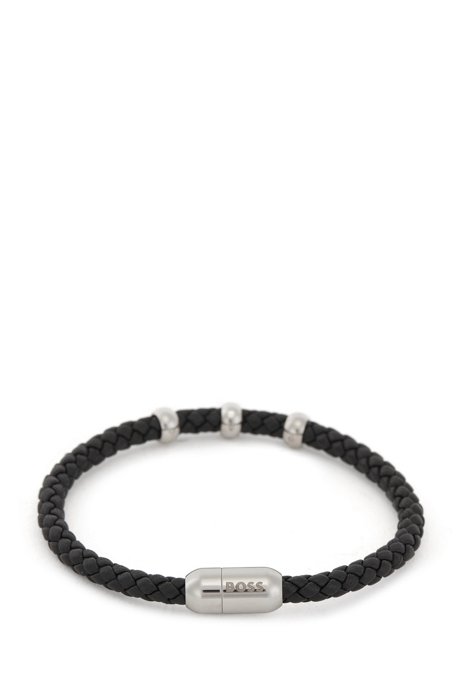 Bracelet en cuir tressé avec fermoir magnétique logoté, Noir