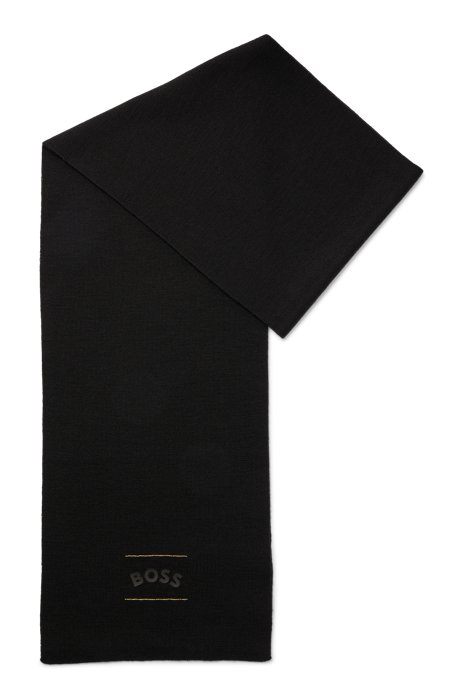 Scarf with curved logo and chain stitching, Black