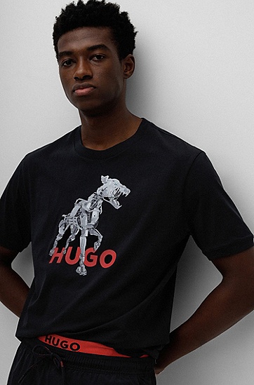 HUGO 雨果机器狗艺术图案棉质平纹针织 T 恤,  001_Black