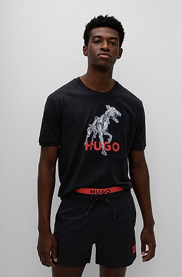HUGO 雨果机器狗艺术图案棉质平纹针织 T 恤,  001_Black