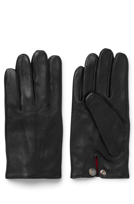 Handschoenen van nappaleer met logodrukknoop, Zwart