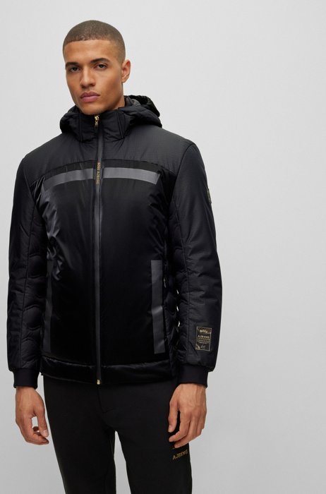 Mixed-material down jacket with collaborative branding, Black