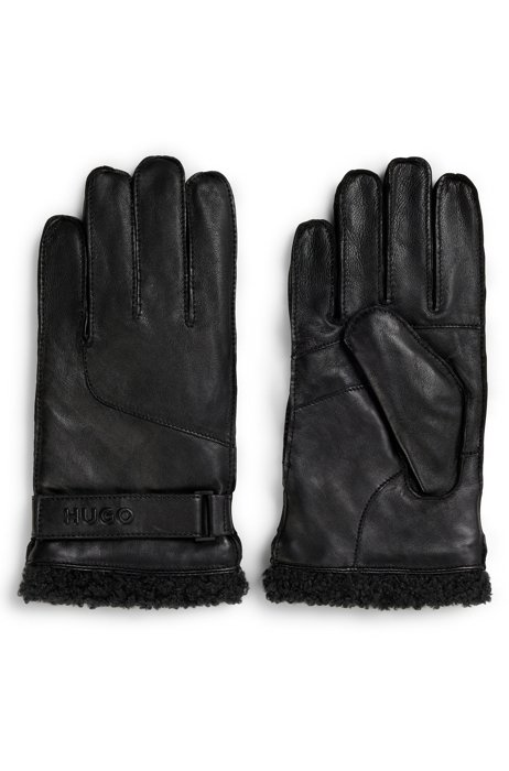Leren handschoenen met shearling manchetten, Zwart