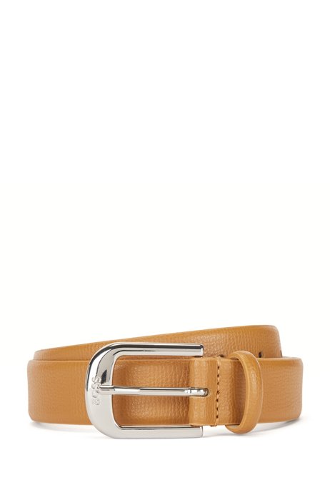 Italian-leather belt with branded buckle, Light Brown