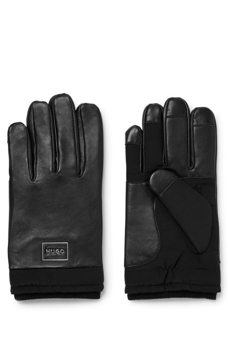 Handschoenen van nappaleer met technisch materiaal en omrand logo, Zwart