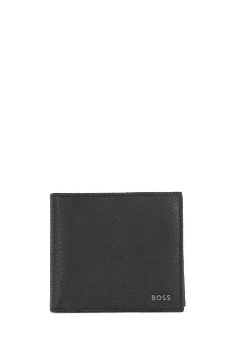 Monogram-embossed wallet in Italian leather with coin pocket, Black