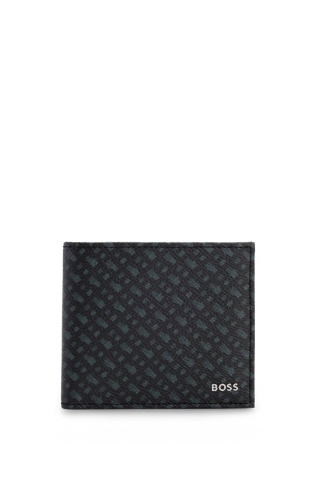 Billfold wallet in monogrammed Italian fabric with coin pocket, Black