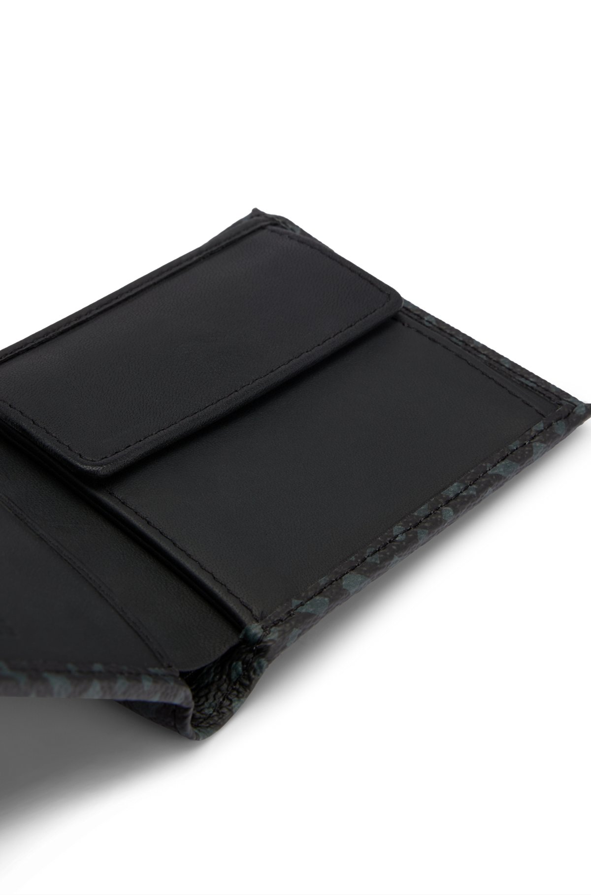 Portafoglio bi-fold in tessuto italiano con monogramma e taschino portamonete, Nero