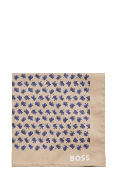 Printed pocket square in organic cotton with logo, Light Beige