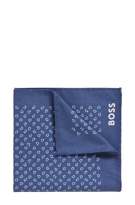 Printed pocket square in organic cotton with logo, Dark Blue