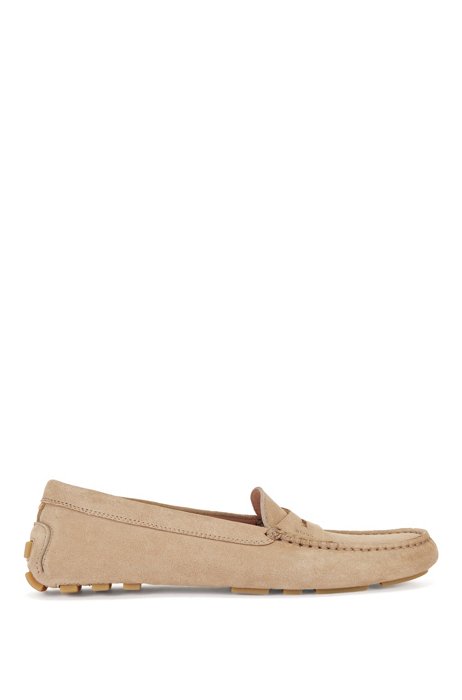 Driver moccasins in Italian suede with logo details, Beige
