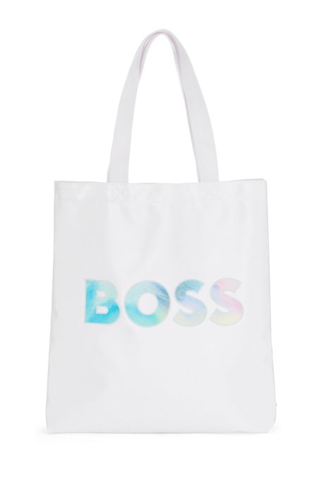 Recycled-material unisex tote bag with multi-coloured logo, White