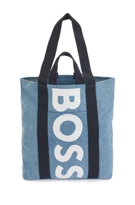 Cotton-denim tote bag with vertical logo, Blue