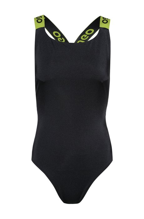 Crossed-logo-strap swimsuit in stretch jersey, Black