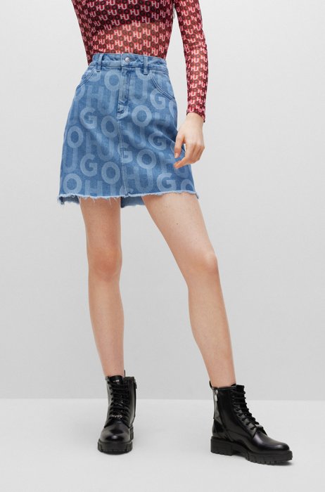Regular-fit mini skirt in logo-print blue denim, Blue