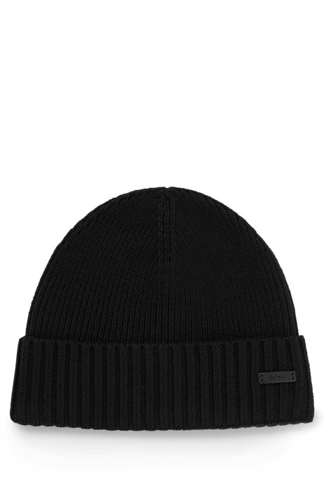 Virgin-wool beanie hat with faux-leather logo patch, Black
