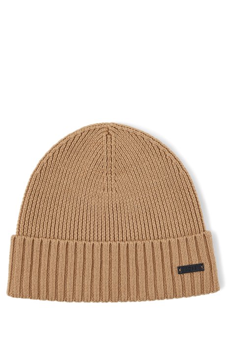 Virgin-wool beanie hat with faux-leather logo patch, Beige