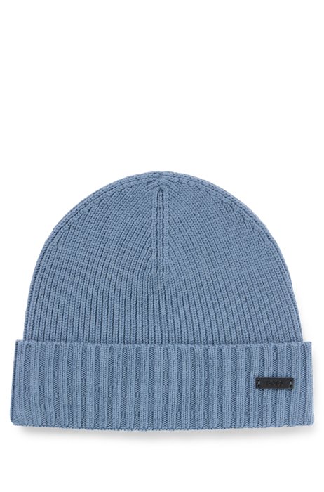 Virgin-wool beanie hat with faux-leather logo patch, Blue