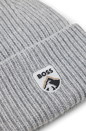 BOSS 博斯饰以山脉和徽标徽章的粗针织毛线帽,  041_Silver