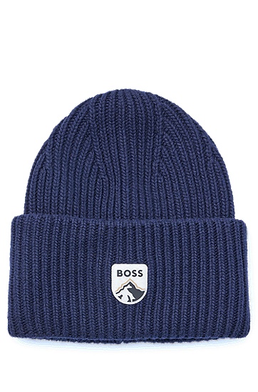 BOSS 博斯饰以山脉和徽标徽章的粗针织毛线帽,  404_Dark Blue