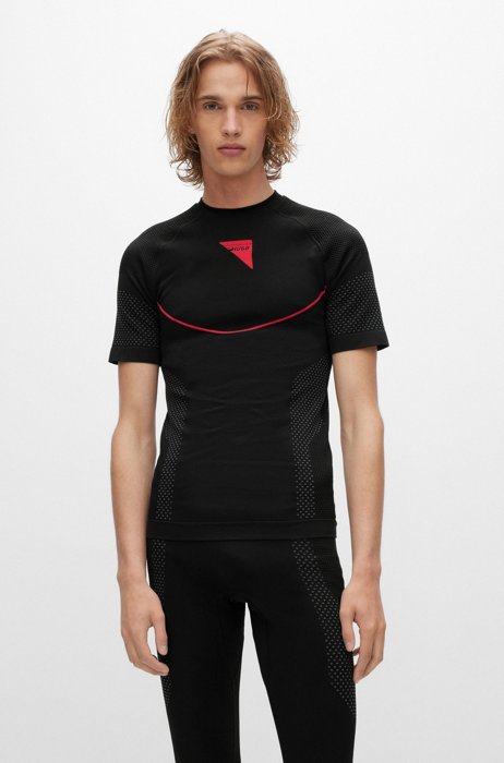 T-shirt Slim Fit stretch avec passepoil et logo de la capsule, Noir