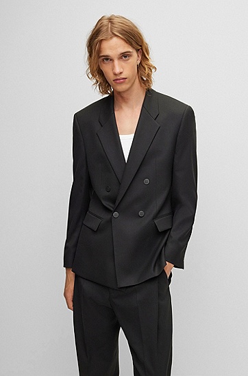 HUGO 雨果宽松版型羊毛混纺斜纹布双排扣夹克外套,  001_Black