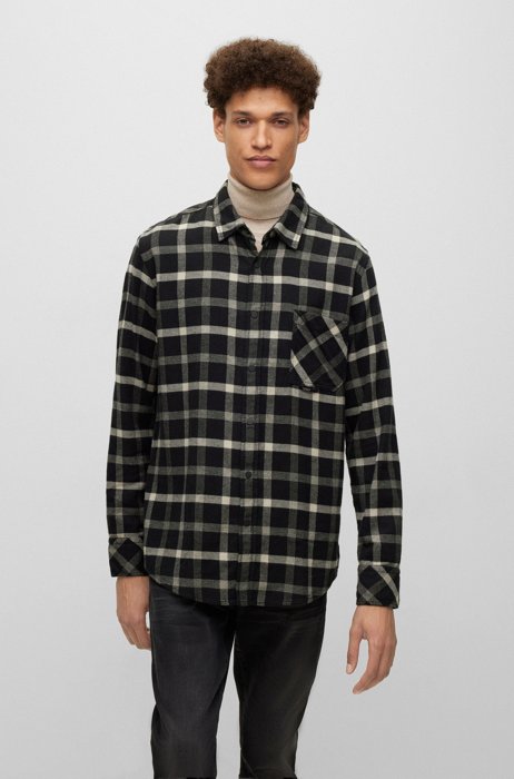 Regular-fit shirt in checked organic-cotton flannel, Black