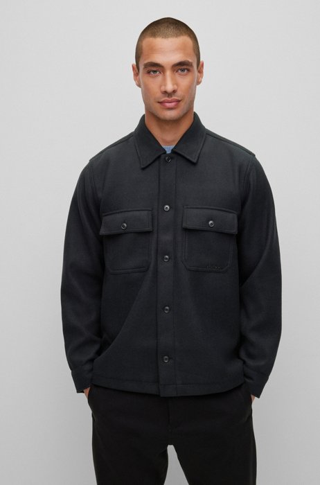 Oversized-fit overshirt in fleece with embroidered logo, Black
