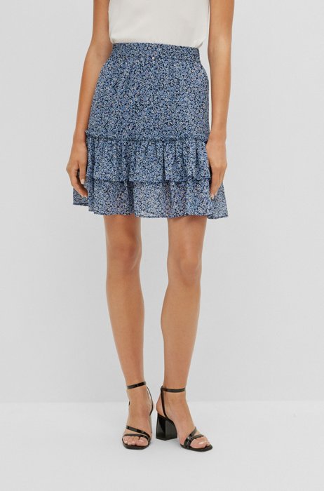 Printed-crepe regular-fit skirt with frilled hemline, Blue Patterned