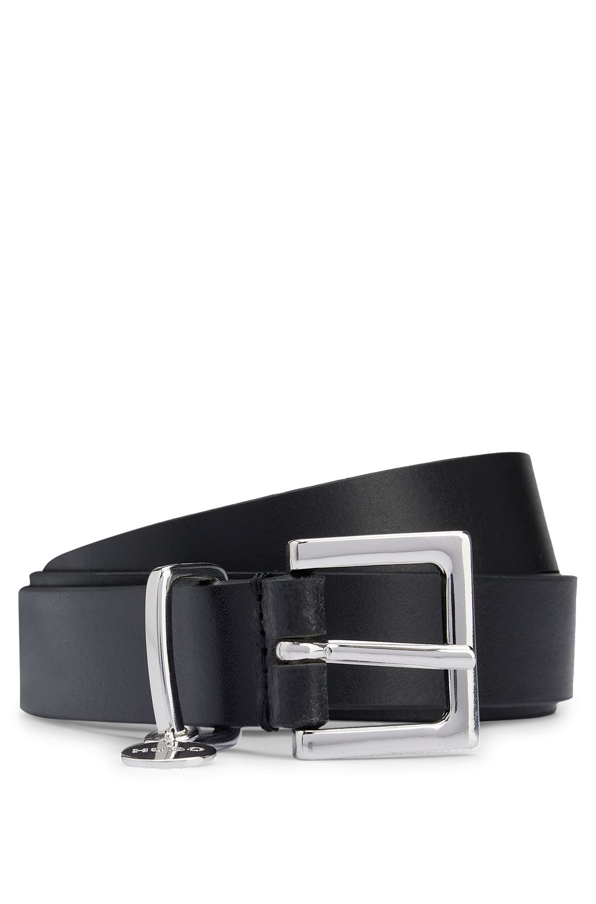 Italian-leather belt with logo-charm keeper, Black