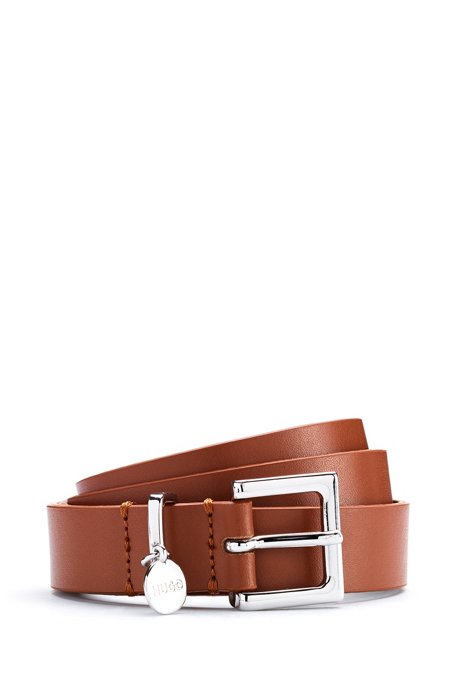 Italian-leather belt with branded keeper charm, Brown