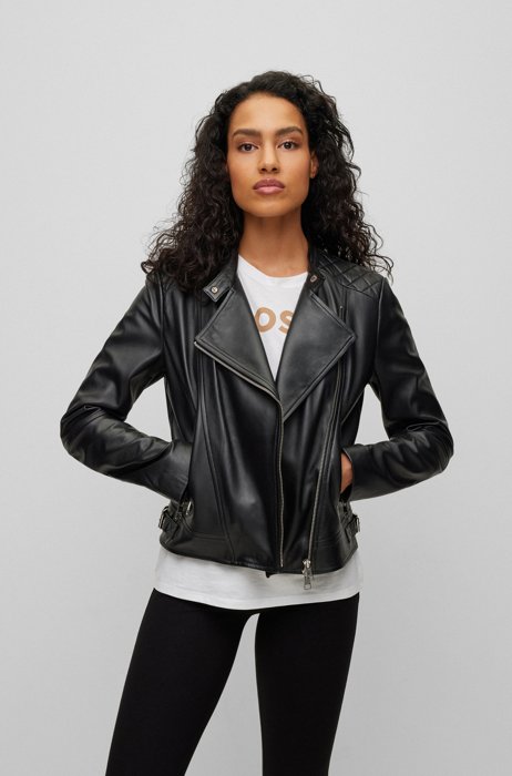 Regular-fit leather jacket with signature trims, Black