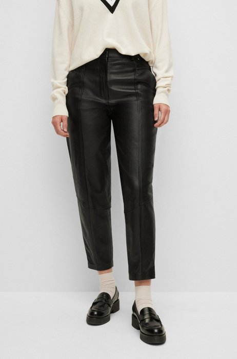 Cropped leather trousers with seam details, Black