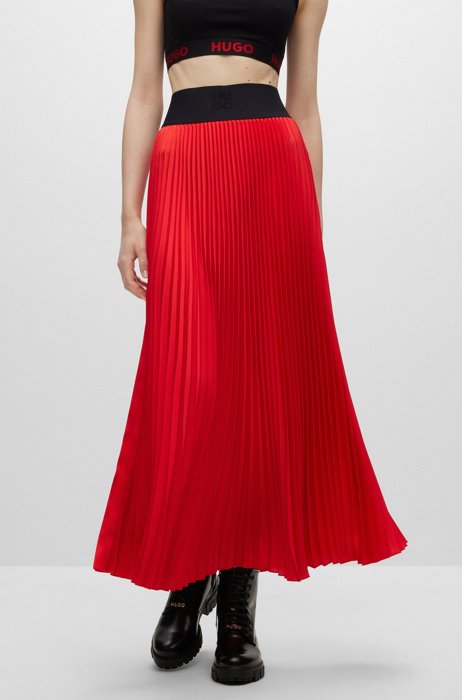 Logo-waistband maxi skirt with plissé pleats, Red