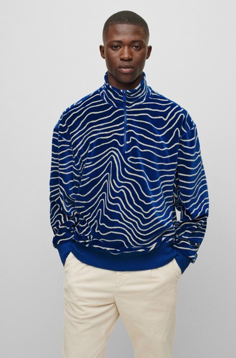 Oversized-fit zip-neck sweatshirt in collection-pattern fleece, Blue