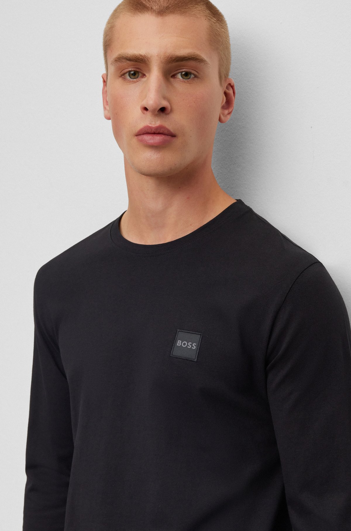 T-shirt en jersey de coton avec patch logo, Noir