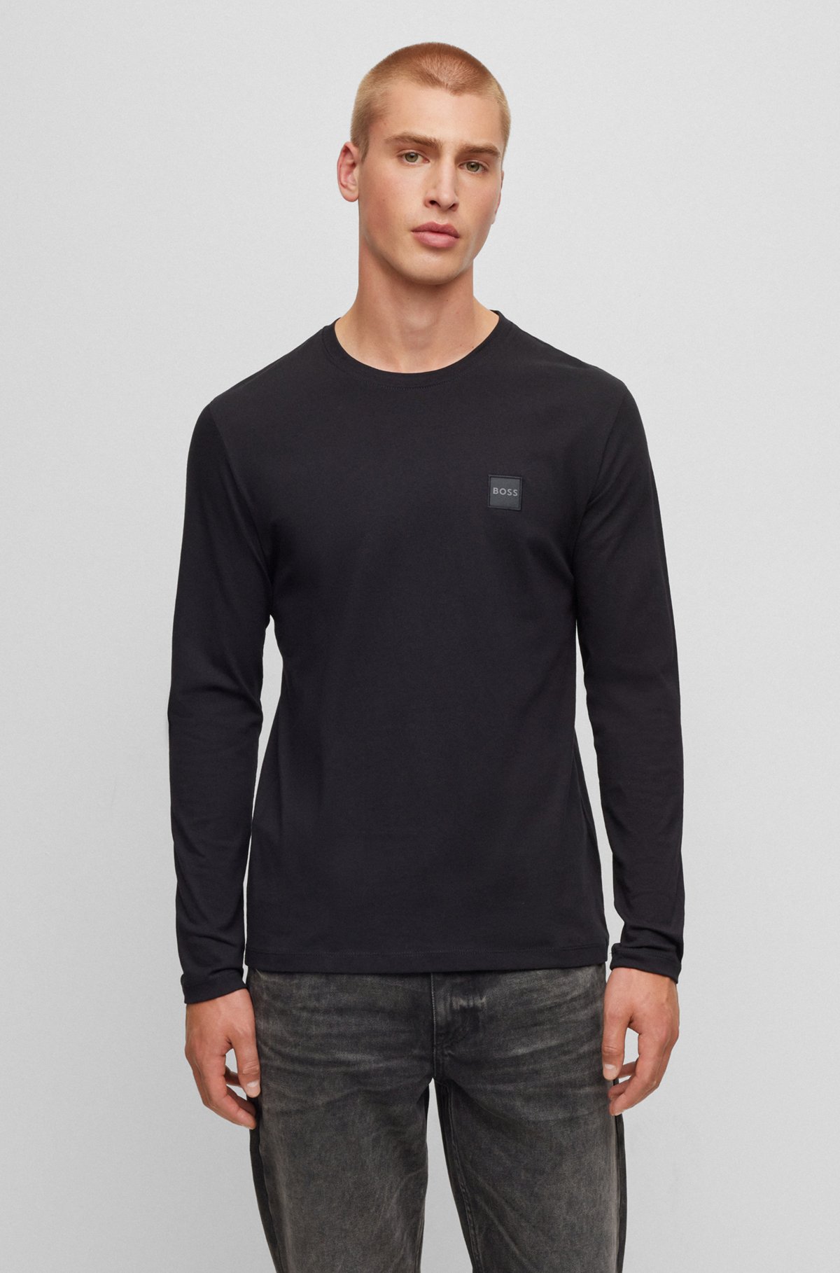 T-shirt en jersey de coton avec patch logo, Noir