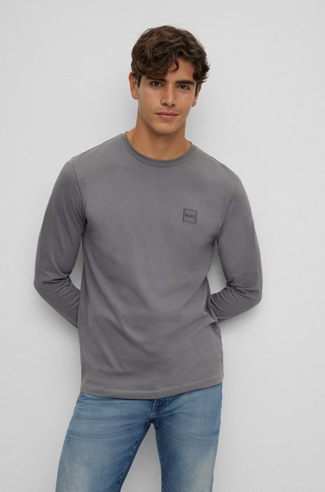 Cotton-jersey regular-fit T-shirt with logo patch, Grey