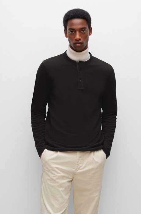 Henley-neck regular-fit T-shirt in cotton jersey, Black