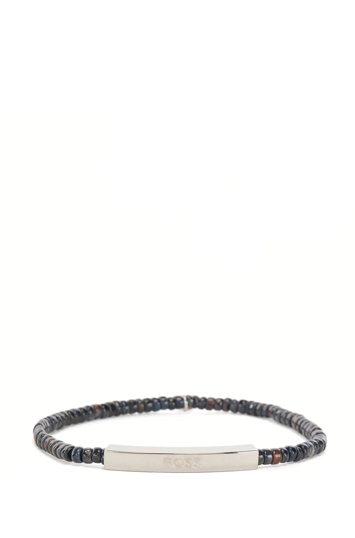 Armband aus Tigeraugen-Perlen mit geätztem Logo-Steg, Dunkelgrau