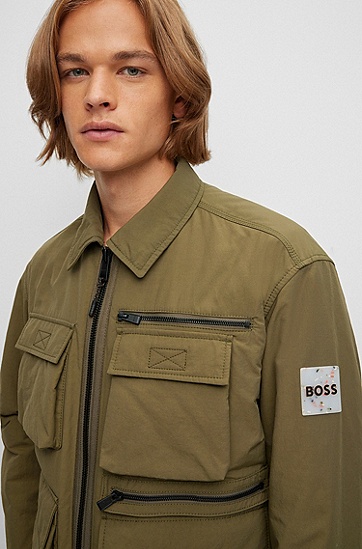 BOSS 博斯宽松版型防泼水帆布面料衬衫夹克外套,  308_Dark Green