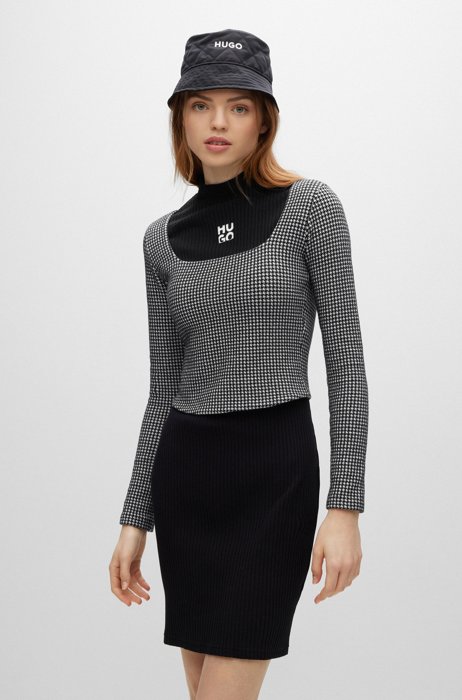 Square-neck houndstooth top in stretch jersey, Patterned