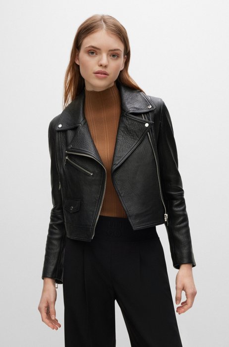 Cropped jacket in lamb leather with logo lining, Black