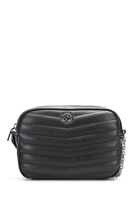 Quilted faux-leather crossbody bag with stacked logo, Black
