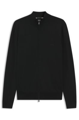 Zip-up cardigan in virgin wool with embroidered logo, Black