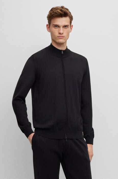 Zip-up cardigan in virgin wool with embroidered logo, Black