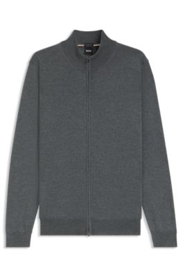 Zip-up cardigan in virgin wool with embroidered logo, Grey