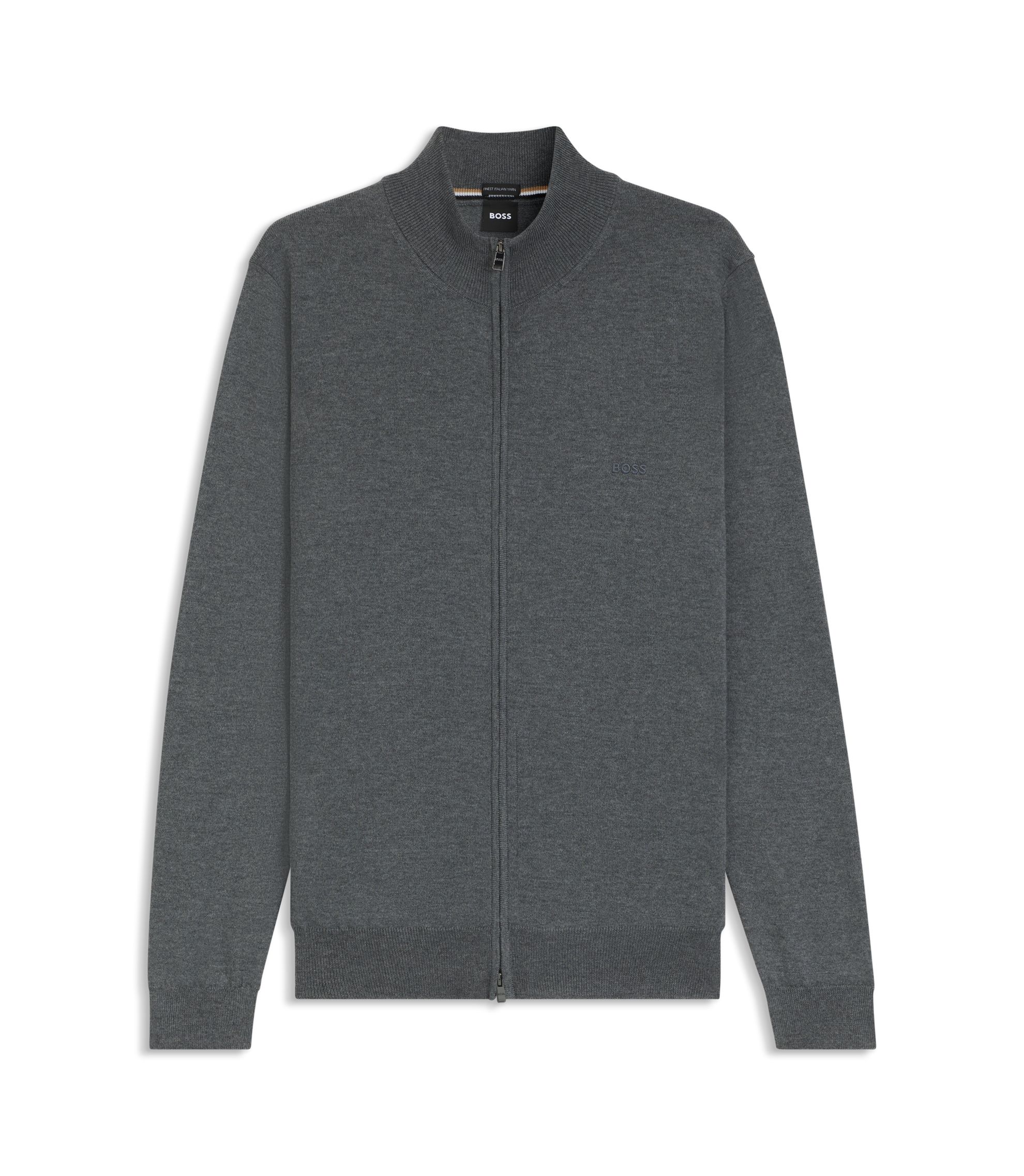 BOSS - Zip-up cardigan in virgin wool with embroidered logo - Grey