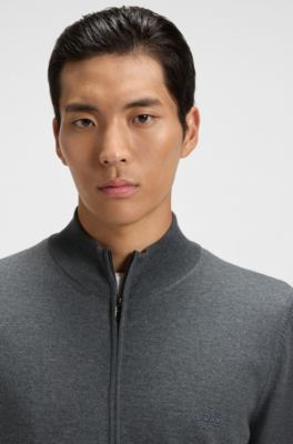 Zip-up cardigan in virgin wool with embroidered logo, Grey