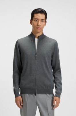 Zip-up cardigan in virgin wool with embroidered logo, Grey